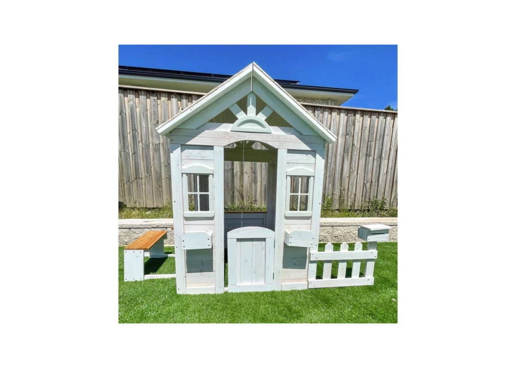 White Teddy Cubby House With Picket Fence and Floor